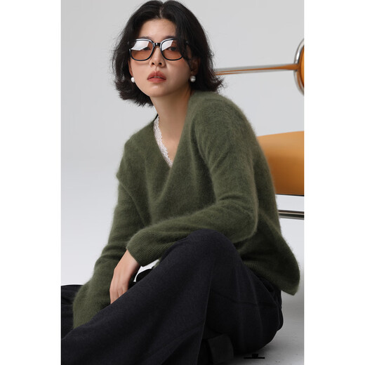Xingshi WeTHEE cashmere wool small brushed orange orange forest green V-neck warm pullover sweater winter forest green one size