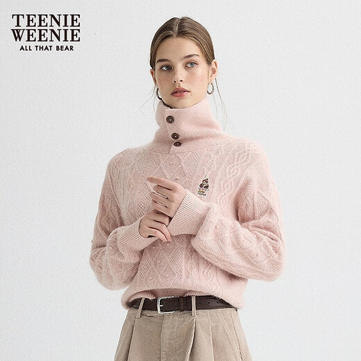 Teenie Weenie contains rabbit fur + wool bear girl retro cable knit sweater 25 autumn new sweater pink S