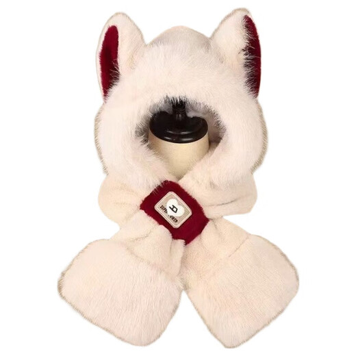 Hat Women's New Autumn and Winter Scarf One-piece Hat Cute Furry Cycling Thickening Warm Protection Love Two-piece Set-Beige One Size