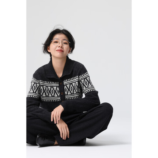 Xingshi WeTHEE 100 sheep wool medium thick Fair Isle cardigan sweater college style high collar multi-button women's sweater dark gray M