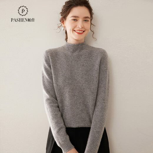Pash autumn and winter curled half turtleneck thickened solid color cashmere sweater for women 35% cashmere simple base sweater SH-352 high-grade gray L
