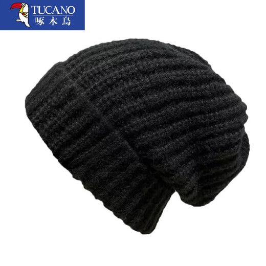 Woodpecker hat men's winter large head circumference knitted hat men's warm woolen hat trendy winter pile hat men's cold hat cotton hat (solid color) black one-size-fits-all elastic (no need to choose head circumference)