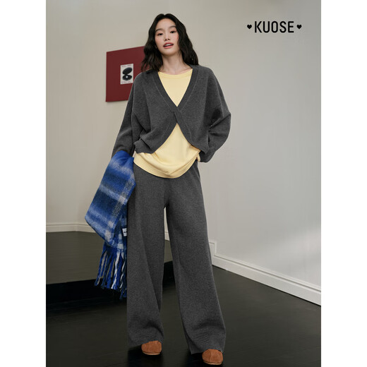 Wide color fake two piece sweater casual pants two piece suit 2025 autumn and winter new women's top sweater long pants gray sweater 0048 S