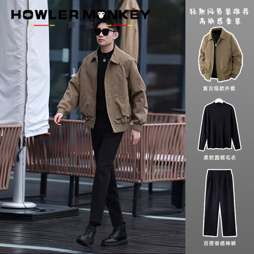Sound Monkey Khaki Retro Workwear Jacket Men's High-end and Handsome Short Jacket Set Spring and Autumn Mature Style Men's Wear Set Khaki Jacket + Round Neck Sweater Black + Black Suit Pants XL