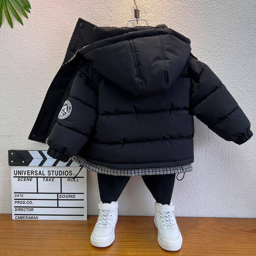 Almighty Little Yellow Duck Boys Thickened Cotton Clothes 2025 Red Plaid Winter Clothes Black 130 cm