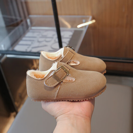 Children's Birkenstock shoes for girls 2025 spring, autumn and winter new style second cotton soft bottom baby bean plus velvet shoes single shoes leather shoes khaki color size 23 inner length 14.4cm