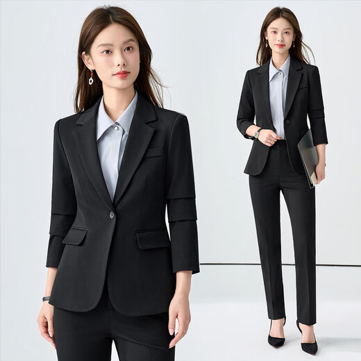 Chen Fu business suit suit for women, fashionable white-collar suit jacket, temperament goddess style commuting interview formal work clothes, navy suit + gray shirt + big leg pants L recommended 100-110 Jin Jin equals 0.5 kg