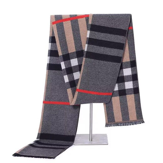 Ordos cashmere scarf men's plaid winter new Korean version thickened warm high-end gift scarf gray camel
