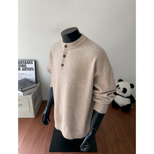 QGF Henry collar gray cleanfit sweater men's autumn lazy style polo sweater American sweatshirt jacket light gray XL recommended 110-130Jin Jin equals 0.5 kg