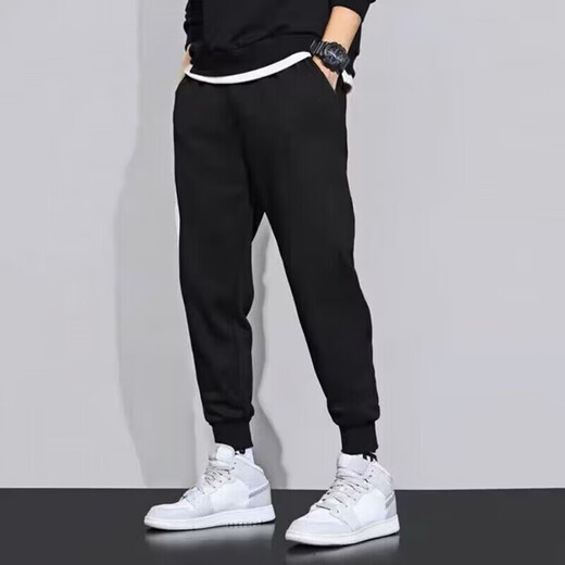 Fat Donglai pure cotton spring and autumn sports pants men's trousers with leggings casual loose large size running youth winter plus velvet cuffed sweatpants spring and autumn dark blue 1 piece thick section 2XL 140-160Jin Jin is equal to 0.5 kg