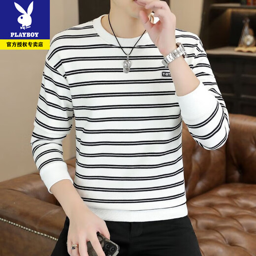 Playboy's new sweatshirt men's spring, autumn and winter round neck versatile slim fit plus velvet high-end striped men's long-sleeved T-shirt bottoming shirt 3376-black spring and autumn style XL recommended 130-145Jin Jin equals 0.5 kg