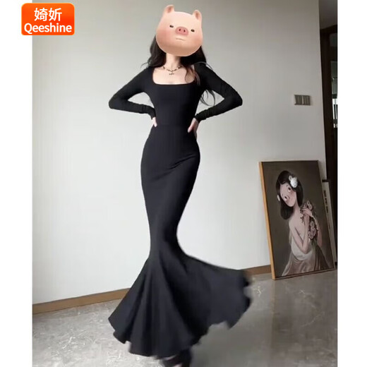 Pingyu Bubu Shenglian square neck long-sleeved fishtail arm-wrapped dress for women, autumn temperament, slim waist, slimming and sexy long skirt, black S