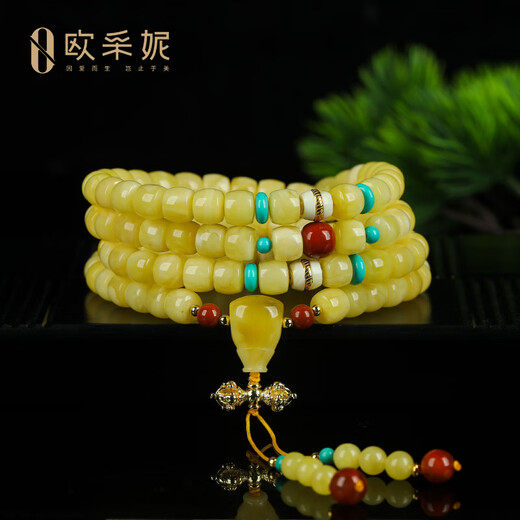 OUCERNY Beeswax Bracelet Collection of Old-fashioned Abacus Beads Natural Raw Stones 108 White Flowers Full of Honey and Southern Red Bracelet