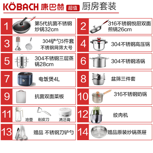 Konbach 5th generation pot set, wok set, frying pan, soup pot, steamer, milk pot, pressure cooker, cutting board set, knife basin set, kitchen complete set + four pieces of knives, spatulas, spoons and steam drawers