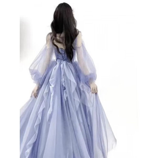 Rich-collared high-end French evening dress female performance costume vocal music and art examination long skirt princess style skirt student birthday host student blue M