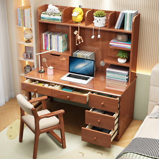 Huixun modern simple solid wood desk with bookshelf and bookcase combination writing desk study table home bedroom student computer desk walnut color #desk + bookshelf 100cm*60cm*75cm total height 135cm