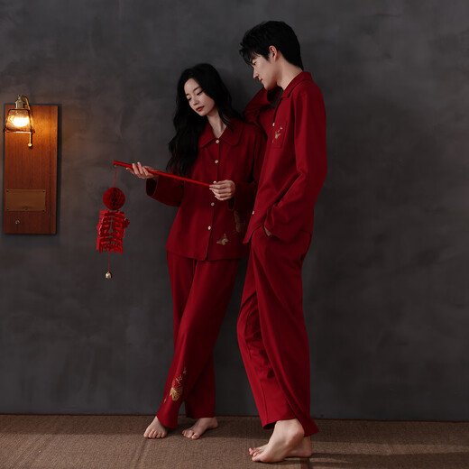 Xihong Couple Pajamas Spring and Autumn Pure Cotton Red Newlywed Wedding Set Large Size Couple's New Year's Eve Celebration 2215-2216 Gift Box Packaging 3XL Men's 170-200Jin Jin is equal to 0.5 kg