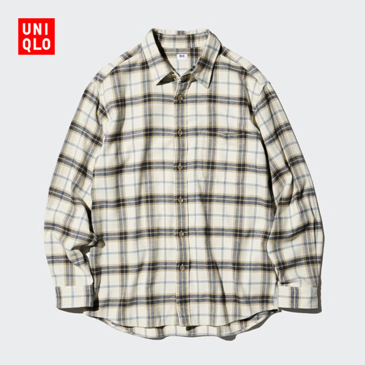 Uniqlo men's and women's flannel plaid shirt long-sleeved shirt thin jacket 470189 30 light beige 3XL