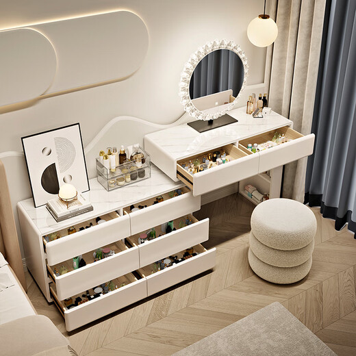 Gu Jialian solid wood cream style dressing table and drawer integrated bedroom 2025 new modern simple dressing table with light luxury feeling white-three drawer cabinet 80CM dressing table + cabinet + crystal mirror + round pier stool