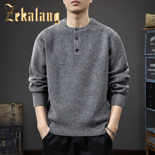 ZEKALANG American trendy brand retro wool blended men's sweater winter new thickened warm Henry collar casual sweater Khaki L _Suitable for 135-150Jin Jin equals 0.5 kg