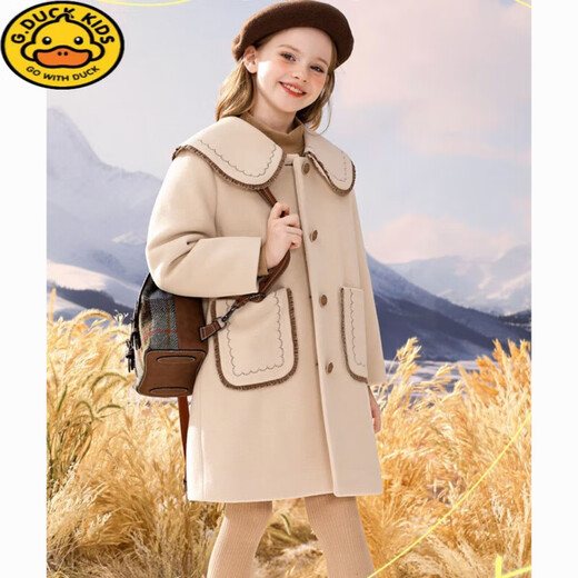 G.DUCKKIDS girls' woolen coat winter thickened quilted autumn and winter new style preppy style mid-length children's woolen coat off-white (quilted lining) 150 Height 140-145cm 11-12 years old