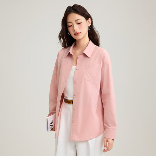 INMAN Simple Commuting Long Sleeve Shirt Women's 2025 Autumn Professional Versatile Embroidered Loose Stacking Shirt Top Lotus Pink-18538749 S