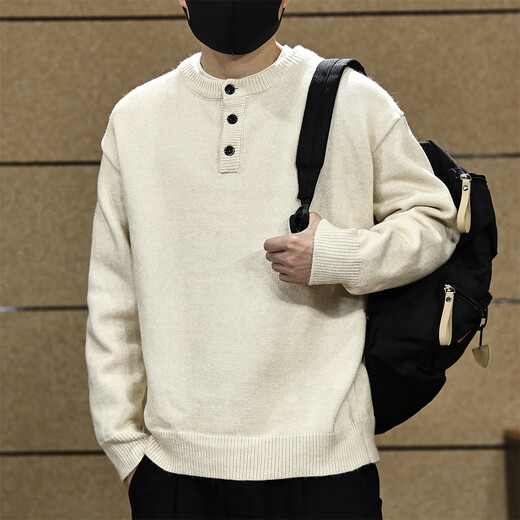 Fat Brother American Simple Henry Collar Sweater Men's Autumn and Winter Loose Lazy Warm Jacket Half-Open Knitted Sweater Top Apricot M Weight 100-130Jin Jin is equal to 0.5 kg