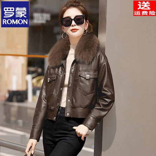 ROMON genuine leather jacket with velvet and thickening for women 2025 autumn and winter new style fashionable little leather jacket short coat coffee color + coffee color fur collar leather jacket XL recommended 105-115Jin Jin equals 0.5 kg