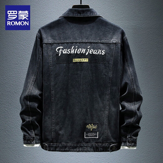 Romon Denim Jacket Men's 2025 Spring and Autumn Large Size Top Trendy Brand Combed Cotton Retro Embroidery Men's Work Jacket Black Gray Jacket XL
