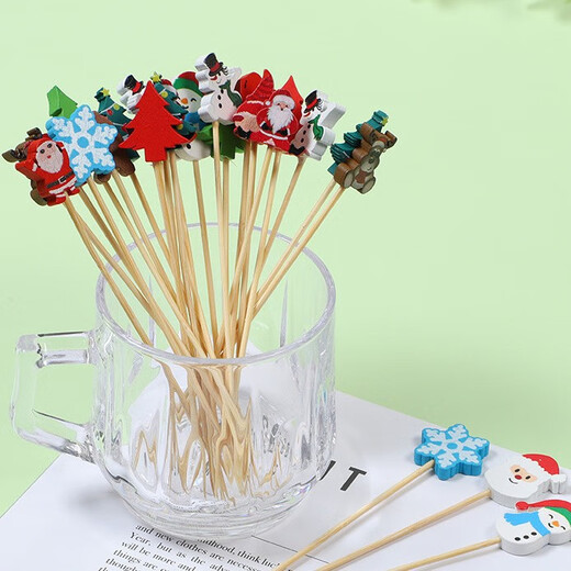 Zi Jiafu Christmas bamboo skewers candied haws skewers cedar Santa Claus combination fruit skewers household commercial disposable fruit forks Christmas mixed style (/pack) 100 pieces 12cm