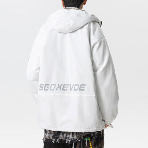 Teenage men's trendy autumn and winter workwear windproof jacket loose hooded jacket plus velvet thickened parka beige 4XL 195 size 180-200Jin Jin equals 0.5 kg