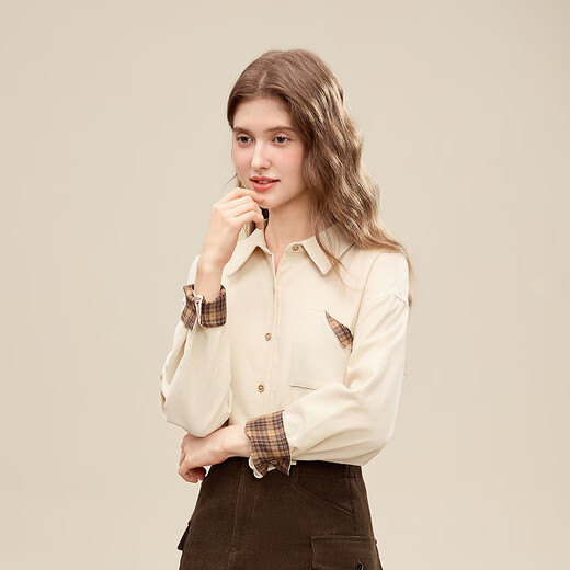 Betu women's 2025 winter new shirt with plaid contrasting buttons 100% cotton top for women 2511T61 apricot L