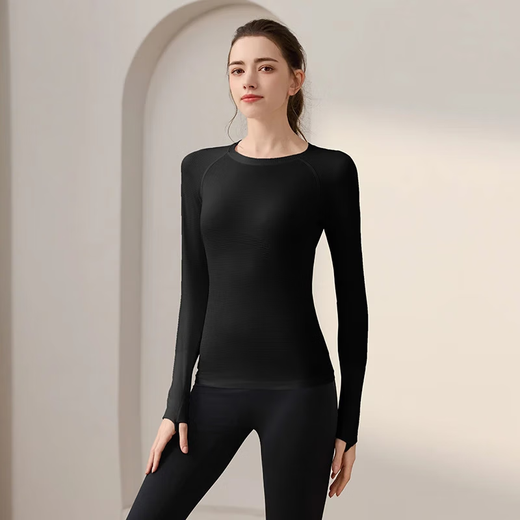 One-piece knitted autumn and winter sports long-sleeved round neck slimming fitness wear running Pilates top yoga wear T-shirt pink L