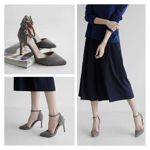 2025 new style sandals for women with bag-toe stiletto heel pointed toe Korean style fashion versatile suede hollow high heels gray 10cm 40