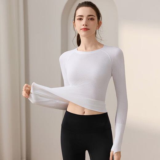 One-piece knitted autumn and winter sports long-sleeved round neck slimming fitness wear running Pilates top yoga wear T-shirt pink L