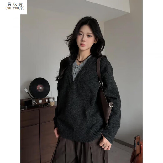 Wu Quanwan old money style deep v-neck fake two-piece sweater men's autumn lazy American retro Henry collar sweater black upgrade black upgrade XL