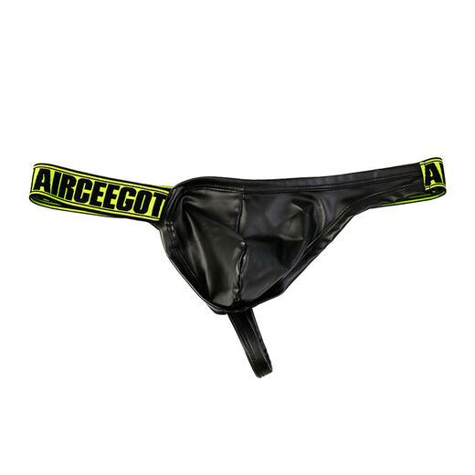 Thong men's sexy low-waist buttocks tight thin personalized Japanese single-butt imitation leather underwear for men black M