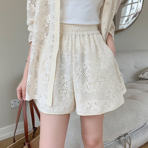 KSOEURK sister’s homemade hollow lace suit, hollow lace Polo collar single-breasted shirt + elastic waist shorts top S