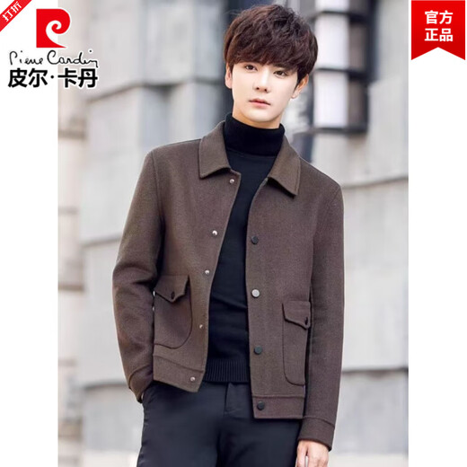 Pierre Cardin wool short coat men's coat autumn and winter woolen jacket thickened lapel British style double-sided velvet jacket coffee color high quality XL recommended 130-150Jin Jin equals 0.5 kg