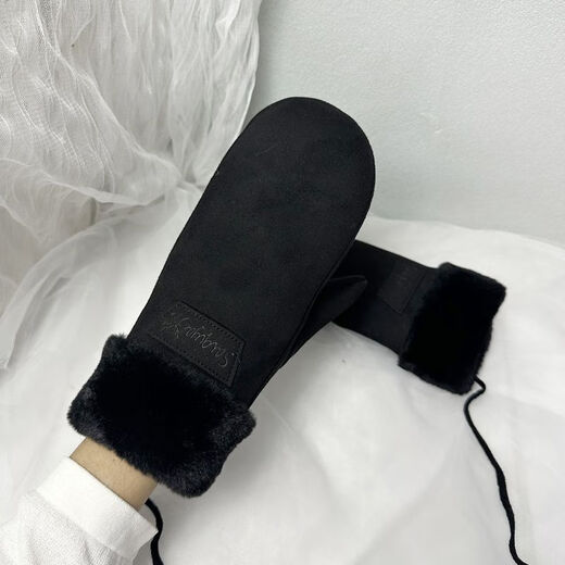 Baichao warm all-inclusive gloves, suede for women, winter plus velvet, windproof and warm, cute student halter neck cycling, random hair for children, one size fits all, thickened version with rope