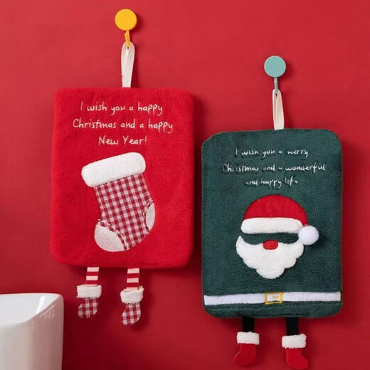 Coral velvet Christmas handkerchief, absorbent and quick-drying, kitchen and bathroom hand towel, hanging Christmas gift, square red Christmas stocking 1 pack