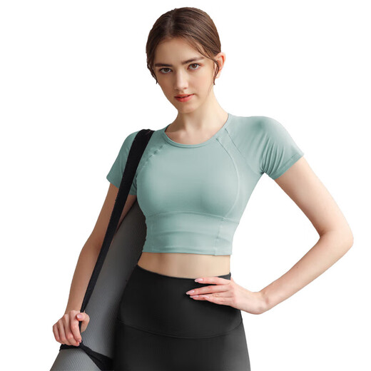 Sports tops for women, short-sleeved T-shirts, quick-drying running tights, slimming trousers, yoga wear, Pilates fitness wear suits, Khaki L