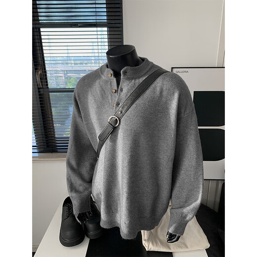 Knitted Sweater Large Size Henley Collar Sweater Men's Lazy Style Bottoming Sweater Jacket Black 3XL