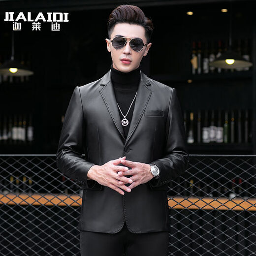 Galedi leather suit men's autumn new sheepskin jacket slim thin small suit business Haining leather jacket trendy black S 16546