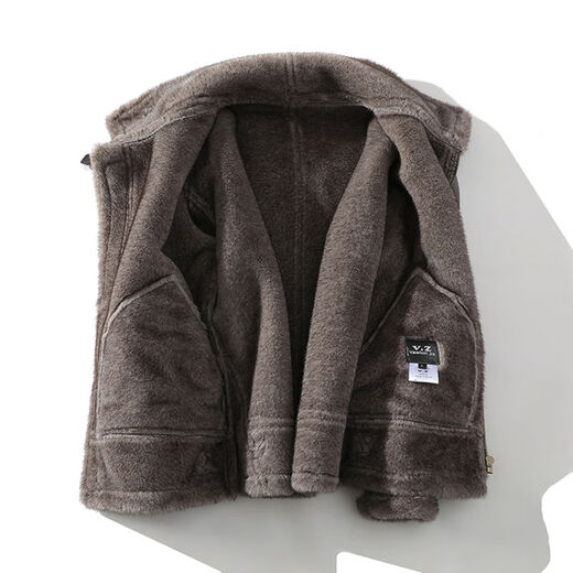 Falling retro leather jacket men's winter fur one-piece suede lamb hair plus velvet thickened motorcycle jacket retro gray M