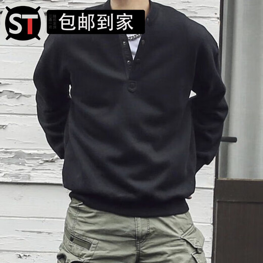 Shantou Lincun Hangzhou ASUS men's clothing Japanese retro autumn and winter men's Henry collar long-sleeved T-shirt bottoming shirt loose casual set QS-T88 black main picture 3XL