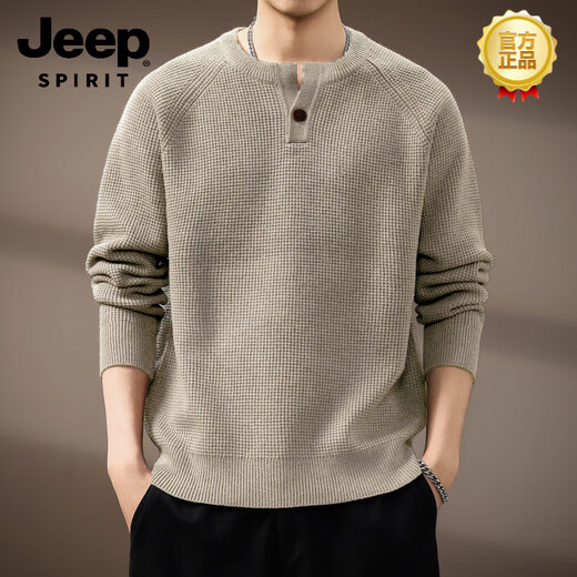 JEEP SPIRIT high-end American retro Henry collar men's sweater autumn new fashion brand loose lazy style casual wool oatmeal gray 2XL