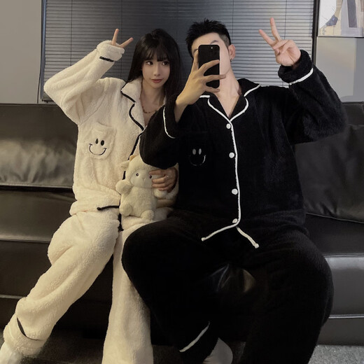 Modal Couple Pajamas Women's Winter Coral Fleece Thickened Cartoon Cute Men's Loose Autumn and Winter Home Clothes Set W1008 Black + White One Set for Men and Women M Women + Men 3XL