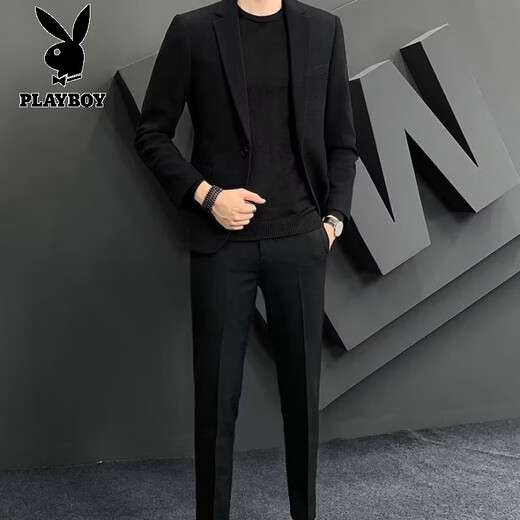 Playboy (PLAYBOY) woolen suit men's 2025 autumn and winter business sense slim trendy casual suit jacket men's black top + pants S
