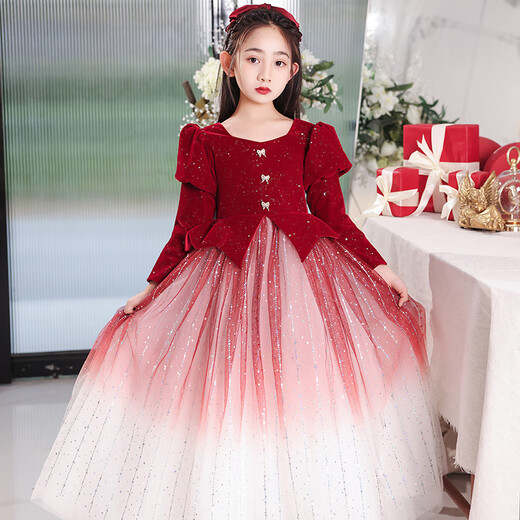 G.duck student dress, children's host evening dress, piano performance, girl's New Year's greeting dress, beautiful princess dress, autumn and winter, velvet long-sleeved red princess dress 130 cm